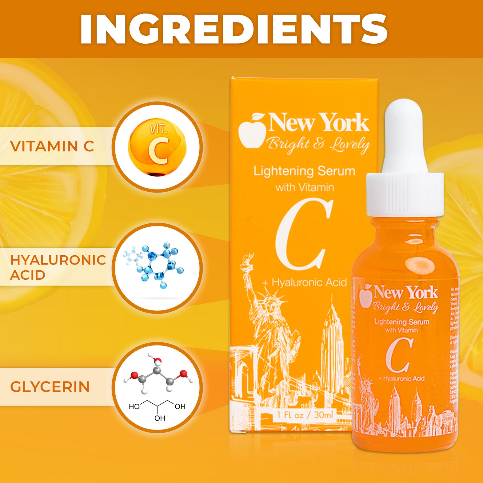 New York Bright & Lovely Glow Serum with Vitamin C & Hyaluronic Acid 30ml (New)