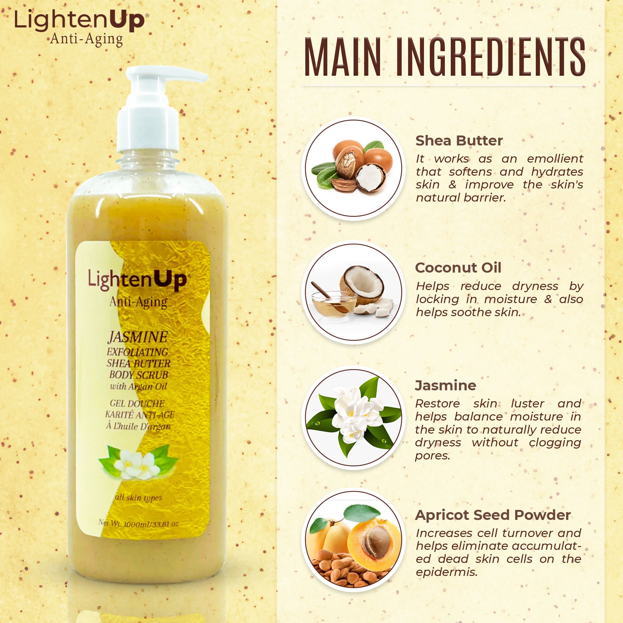 LightenUp Anti-Aging Jasmine Exfoliating Shea Butter Shower Gel with Argan Oil 1000ml