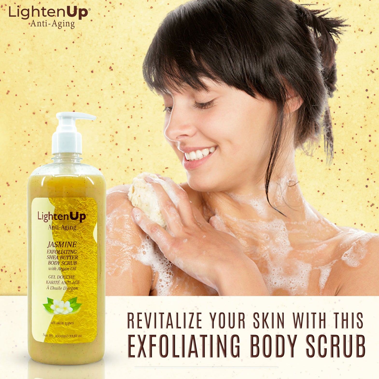 LightenUp Anti-Aging Jasmine Exfoliating Shea Butter Shower Gel with Argan Oil 1000ml