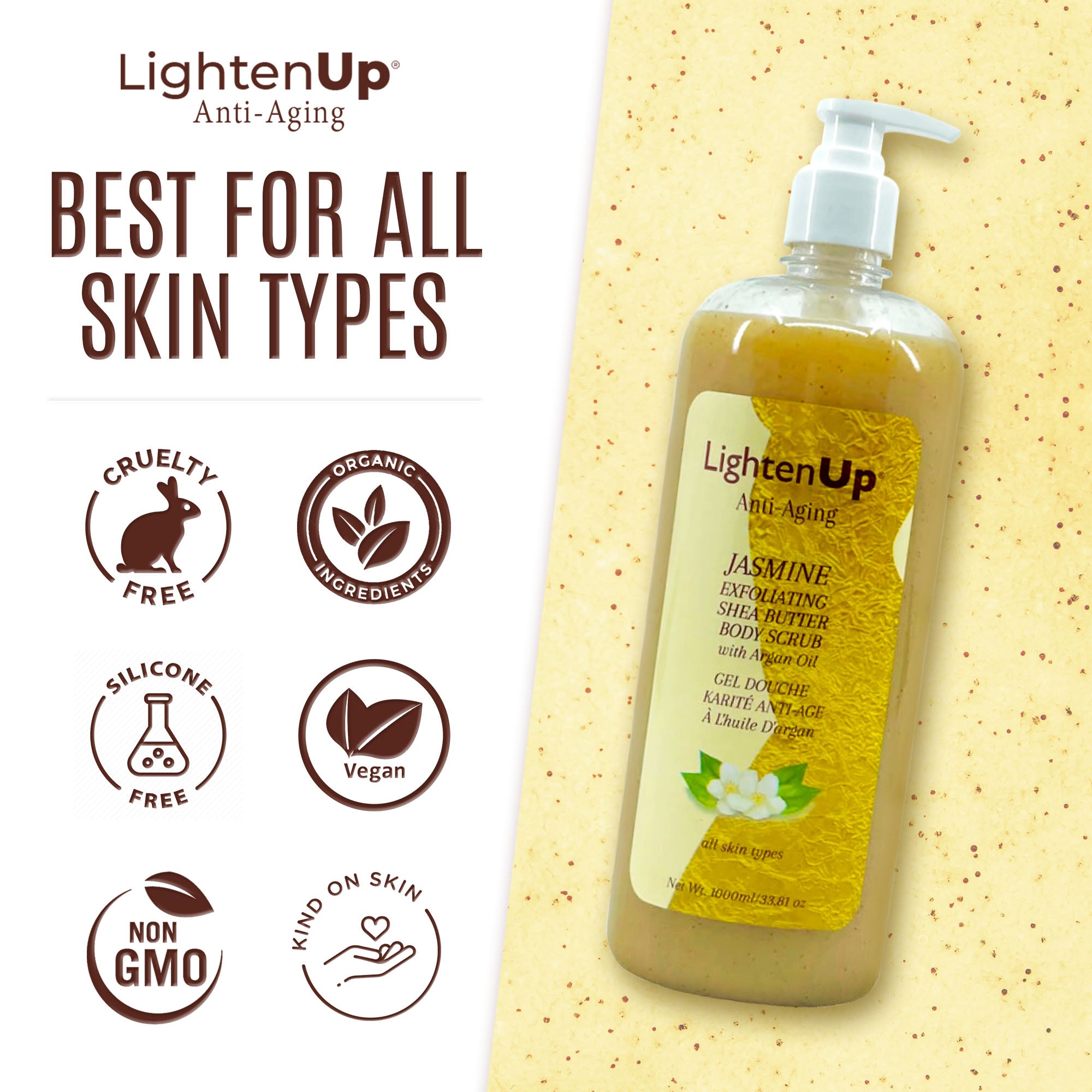 LightenUp Anti-Aging Jasmine Exfoliating Shea Butter Shower Gel with Argan Oil 1000ml